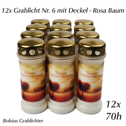 12 Grabkerzen Grablicht Nr.6 mit Deckel Motiv Rosa Baum 70h