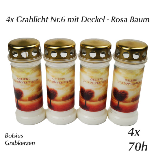 4 Grabkerzen Grablicht Nr.6 mit Deckel Motiv Rosa Baum&Herz