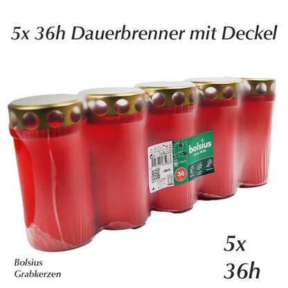 5x Grabkerzen Dauerbrenner mit Deckel - Rot Grablicht Bolsius