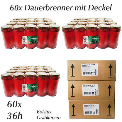 60x Dauerbrenner Grabkerze mit Deckel - Rotes Grablicht Bolsius