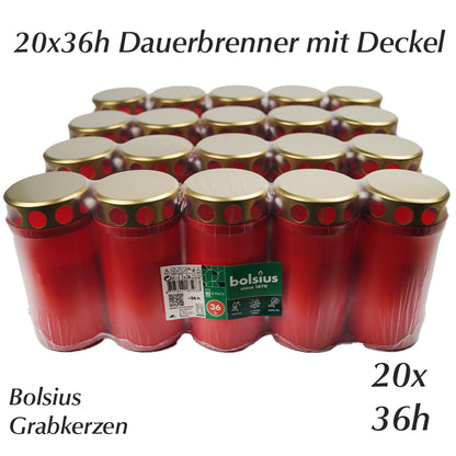 20x Grabkerze Dauerbrenner mit Deckel - Rot Grablicht Bolsius