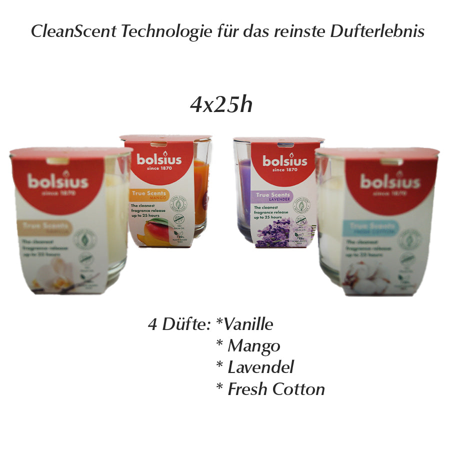 True Scents Duftkerzen im Glas 4x Düfte Fresh Cotten Vanille Mango Lavendel